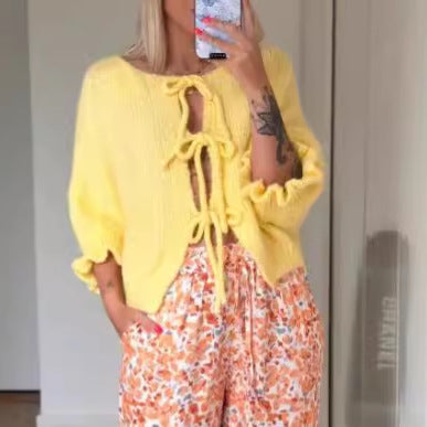Damen trendiger Strickcardigan mit Raffungen und Bindebändern Drune