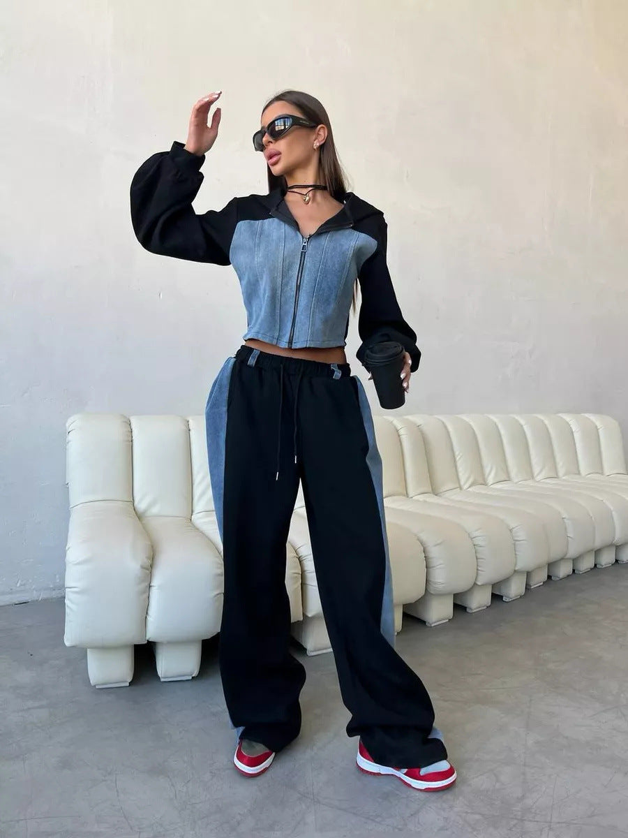 Damen modisches Cropped Sweatshirt und weite Sporthose Set Drune