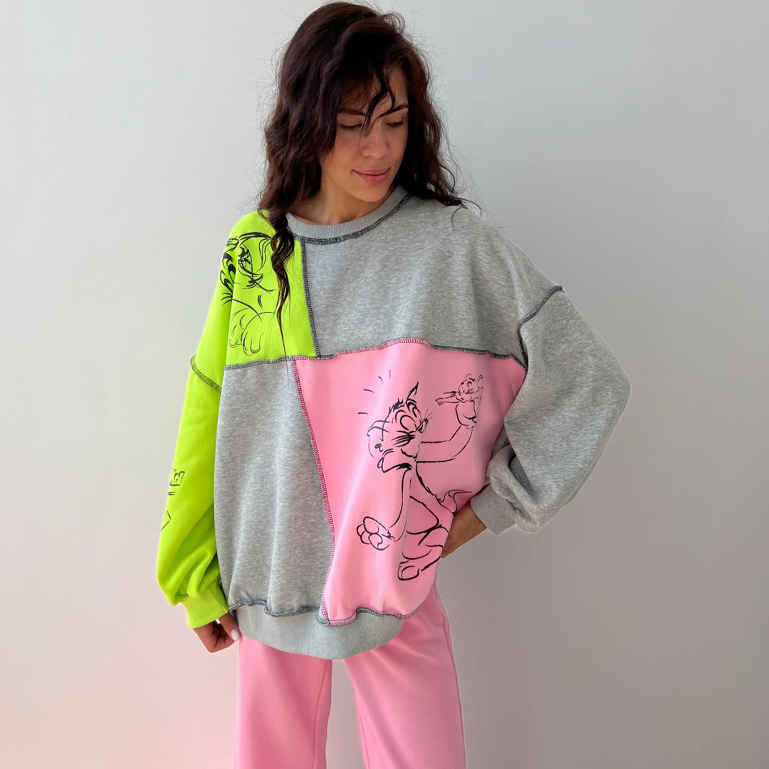 Damen lässiger Sweatshirt mit kreativen Farbblock-Motiven Drune