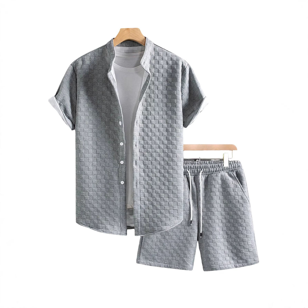 Herren nan zweiteiliges Sommerensemble mit Stehkragen-Hemdjacke und elastischen Komfort-Shorts in geprägter Karo-Textur Drune