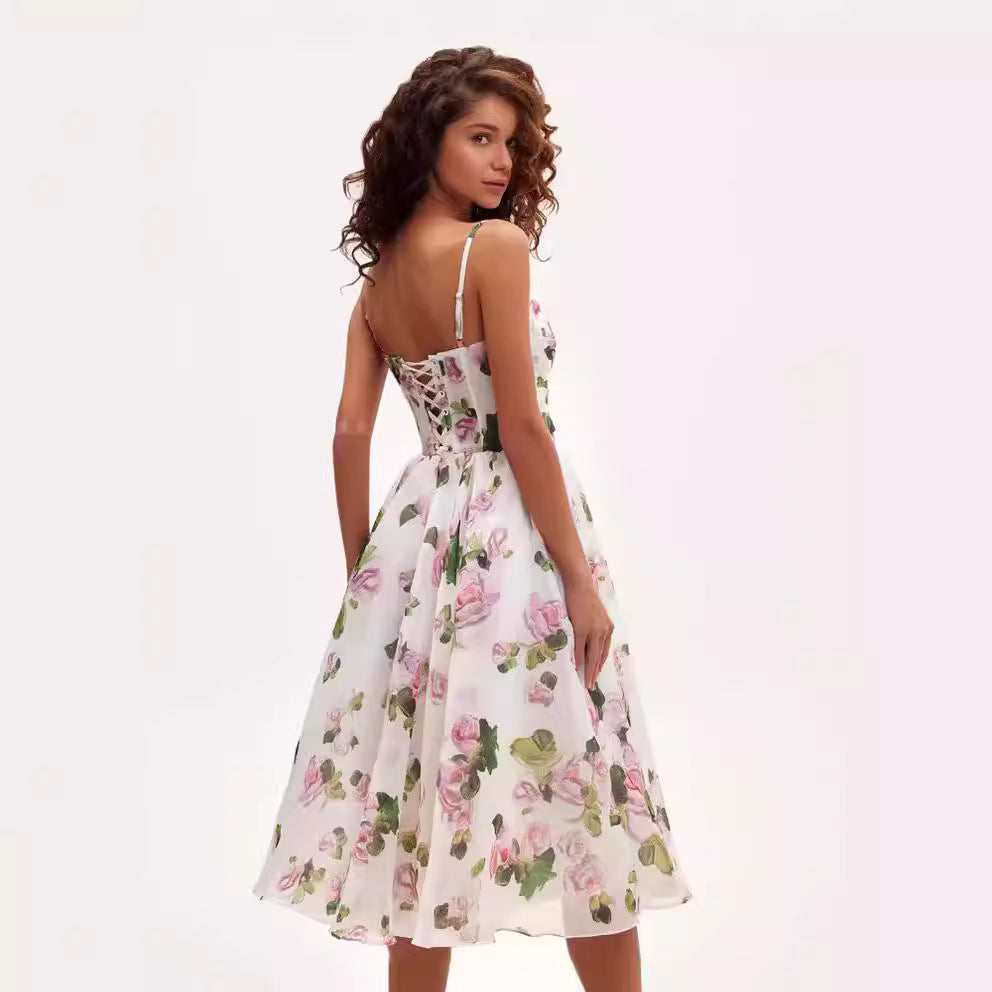 Damen Midi-Kleid mit floralem Chiffon und elegantem Taillengürtel Drune