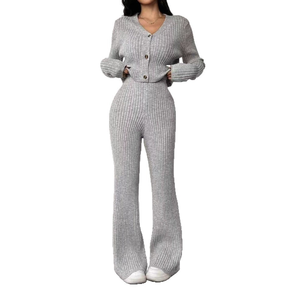 Damen Strick Set mit V-Ausschnitt und weitem Bein Drune