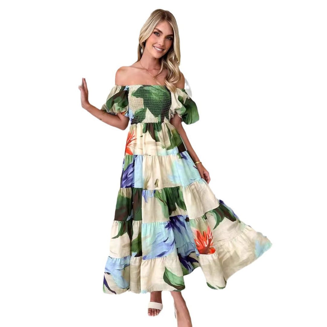 Damen Maxikleid mit Puffärmeln und floralem Smocking Drune