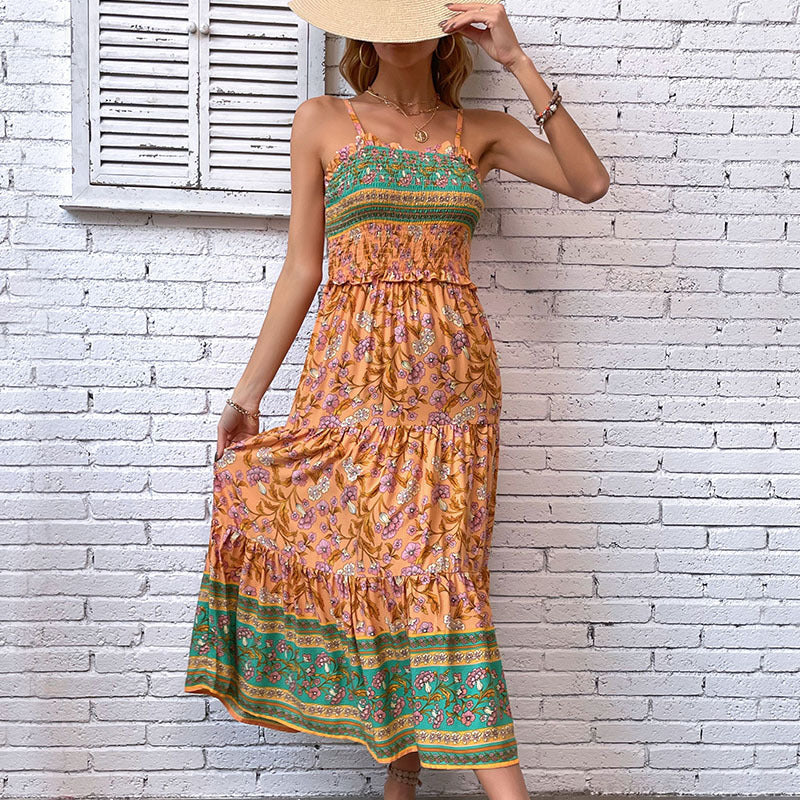 Damen Maxikleid mit elastischem Taillenzug und floralen Mustern Drune