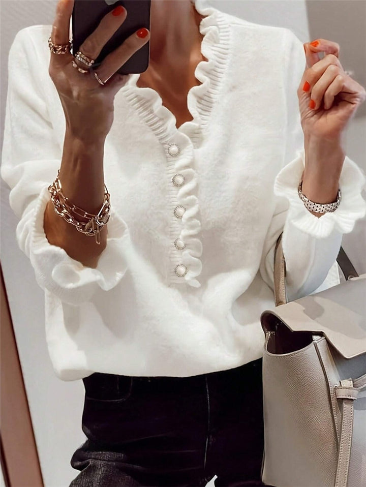 Damen Bluse mit Rüschensaum und dekorativen Knöpfen Drune
