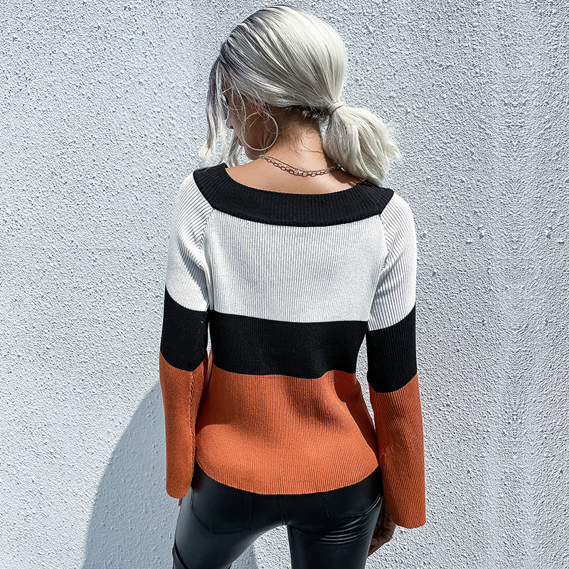 Damen modischer Pulli mit Farbblock-Design und weiten Ärmeln Drune