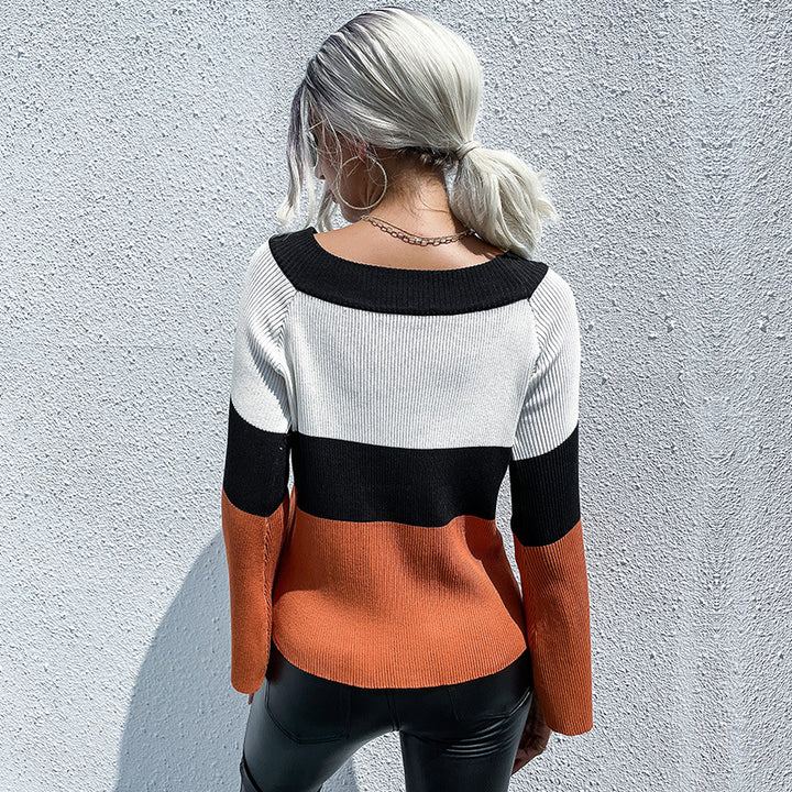 Damen modischer Pulli mit Farbblock-Design und weiten Ärmeln Drune