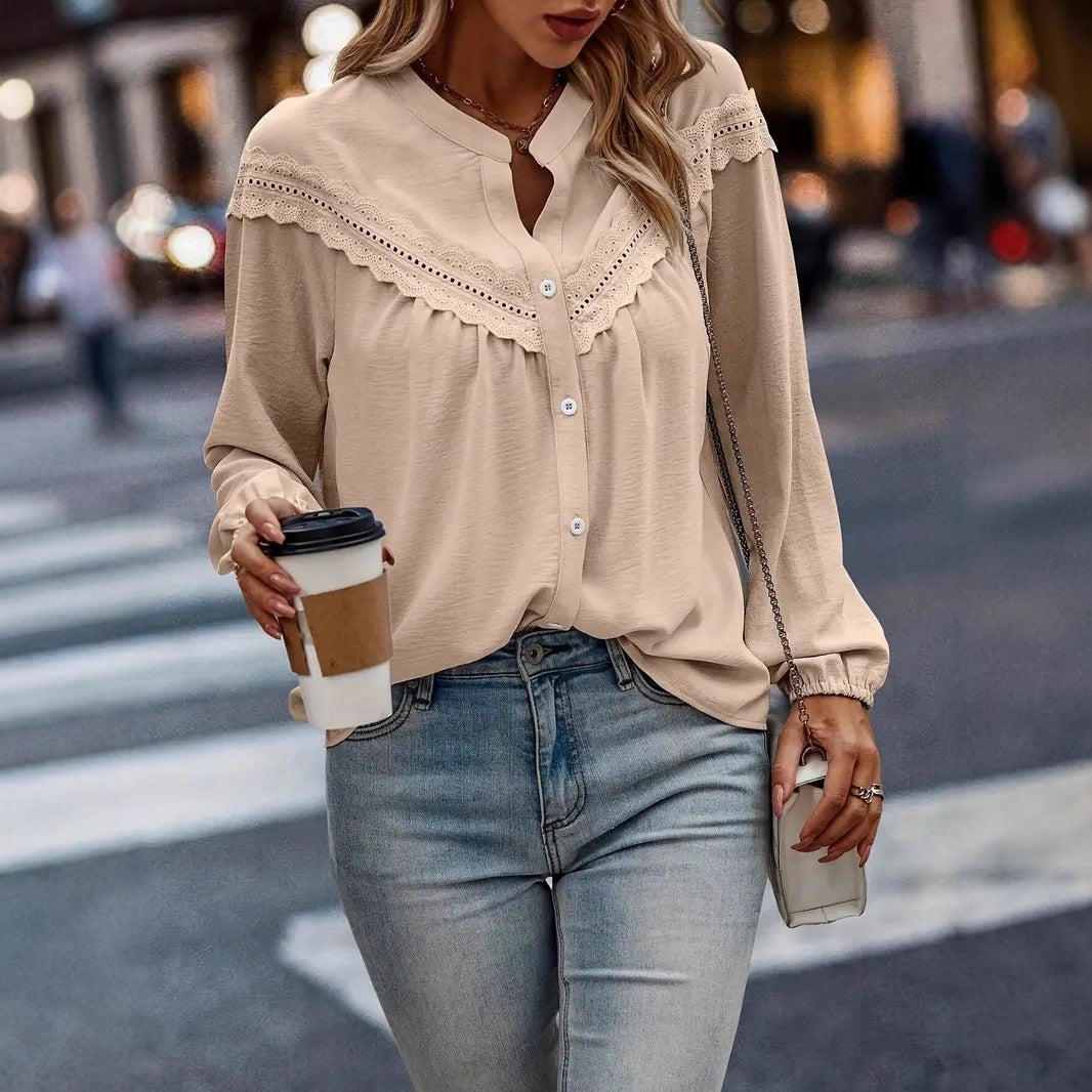 Damen Bluse mit eleganten Rüschendetails und durchgängiger Knopfleiste Drune
