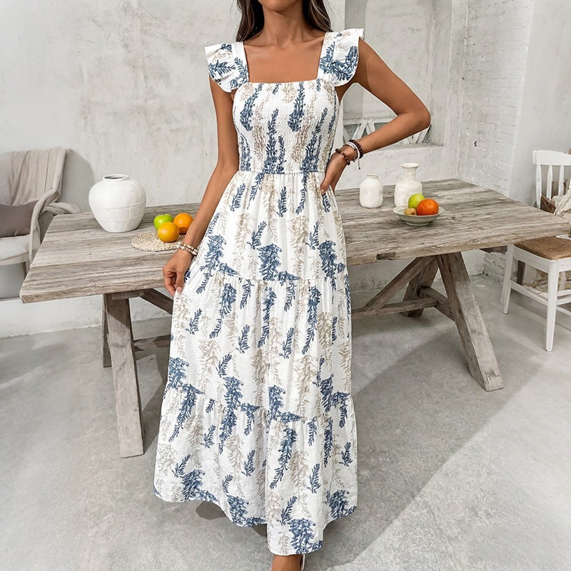 Damen Elegantes Maxi-Kleid mit floralem Print und schulterfreien Rüschenärmel Drune