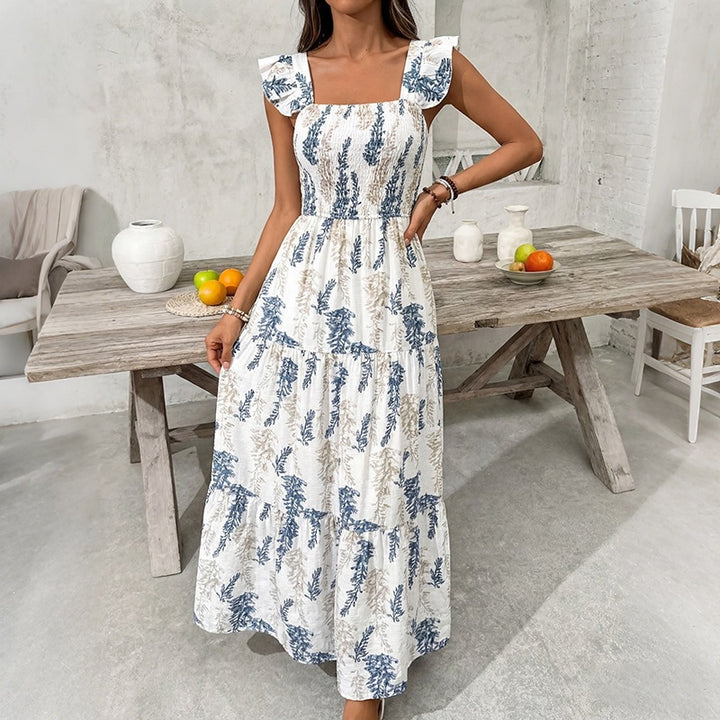 Damen Elegantes Maxi-Kleid mit floralem Print und schulterfreien Rüschenärmel Drune