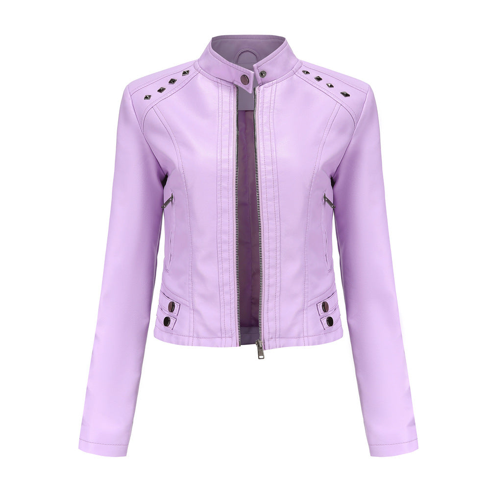 Damen nan kurze taillierte Kunstlederjacke mit Nietenbesatz und Stehkragen Drune