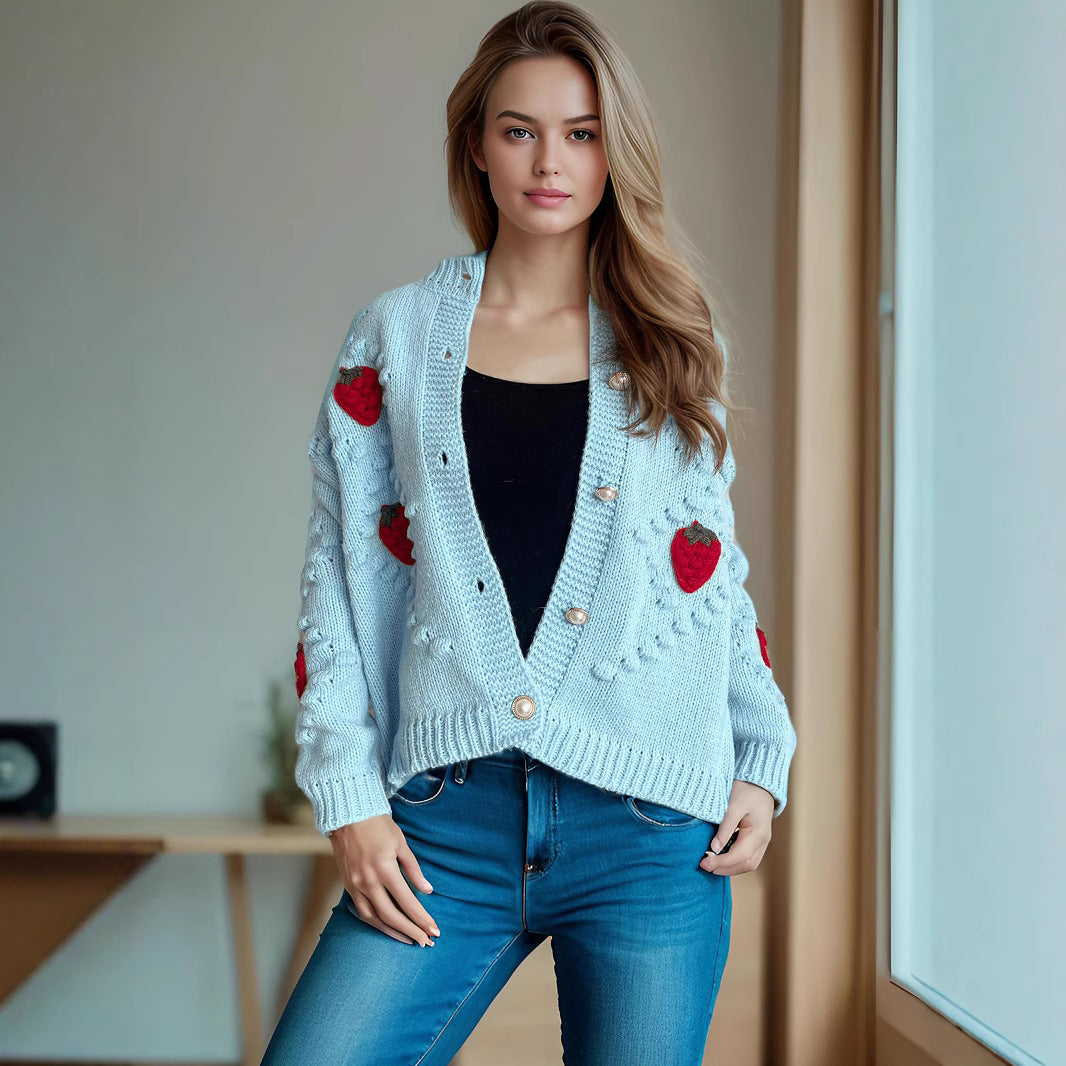Damen Strickjacke mit verspieltem Erdbeermotiv und Knopfdetails Drune