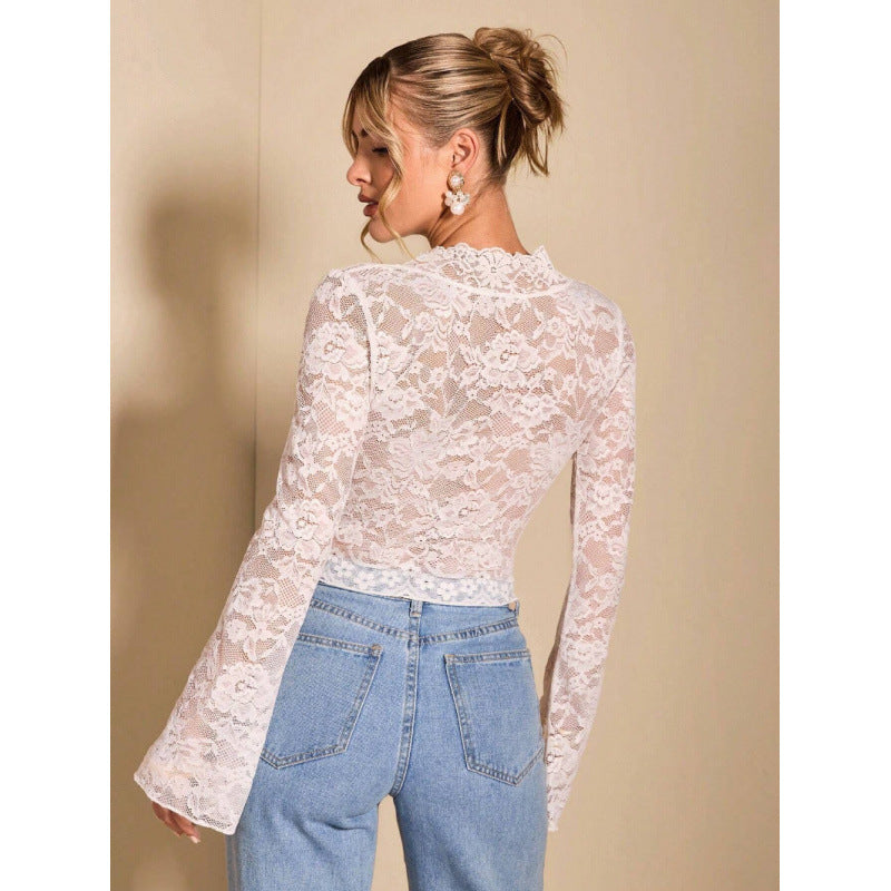 Damen Spitze Bluse mit eleganten Trompetenärmeln und V-Ausschnitt Drune