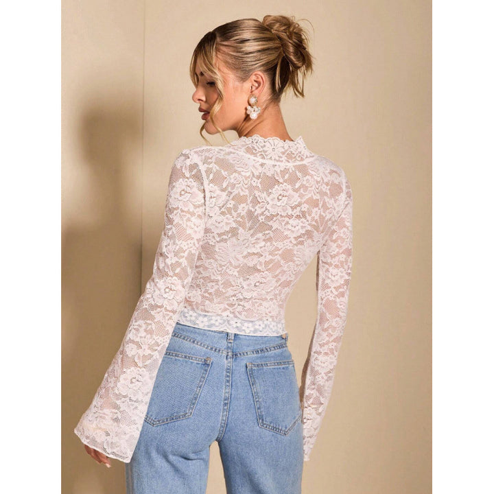 Damen Spitze Bluse mit eleganten Trompetenärmeln und V-Ausschnitt Drune