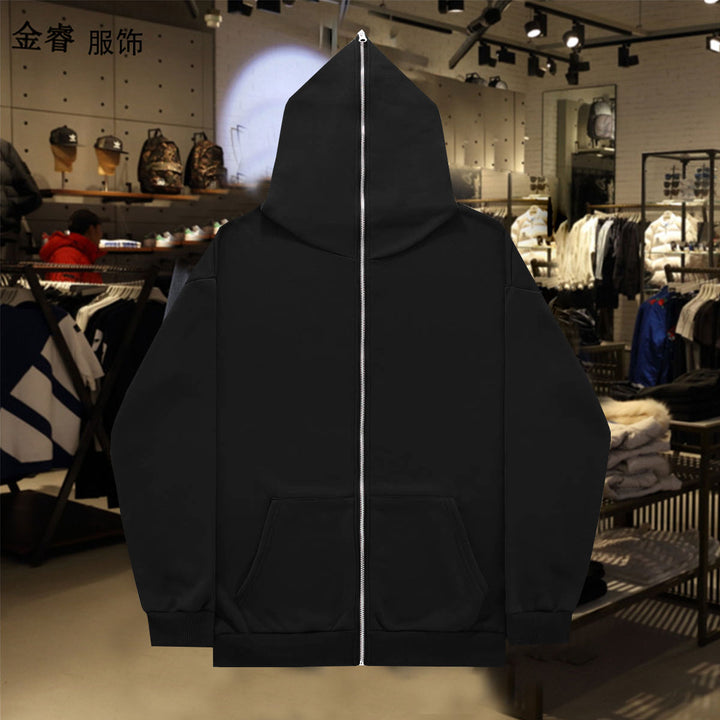 Unisex Zip-Hoodie mit durchgehendem Reißverschluss bis in spitze Kapuze, Kängurutasche und gerippten Bündchen Drune