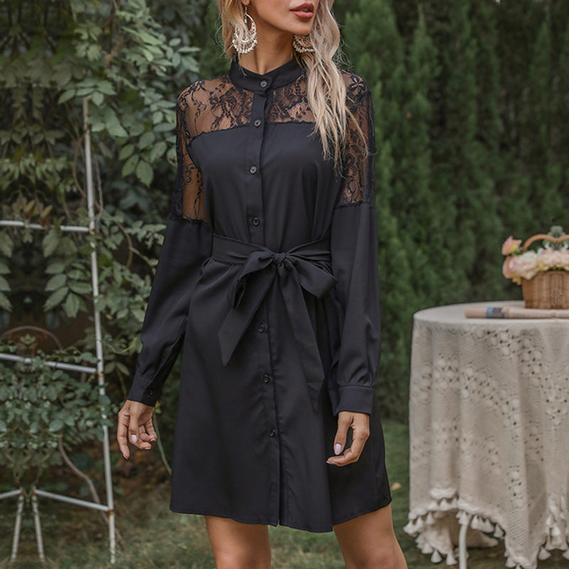 Damen elegantes Hemdblusenkleid mit Spitzenärmel und taillierbarem Gürtel Drune