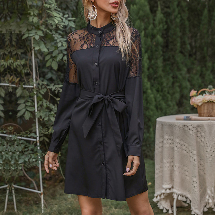Damen elegantes Hemdblusenkleid mit Spitzenärmel und taillierbarem Gürtel Drune