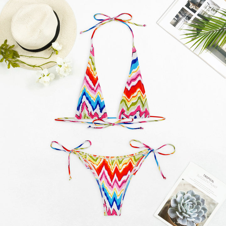 Damen Triangel-Bikini mit verstellbaren Schnüren und angesagtem Wellenmuster Drune