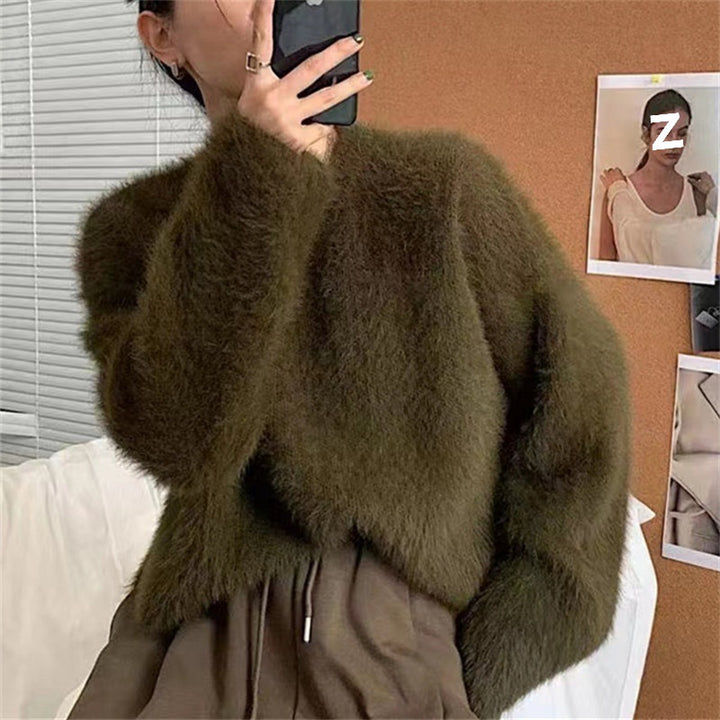 Damen Flauschiger Pullover mit lässigem Schnitt und hohem Rundhalsausschnitt Drune