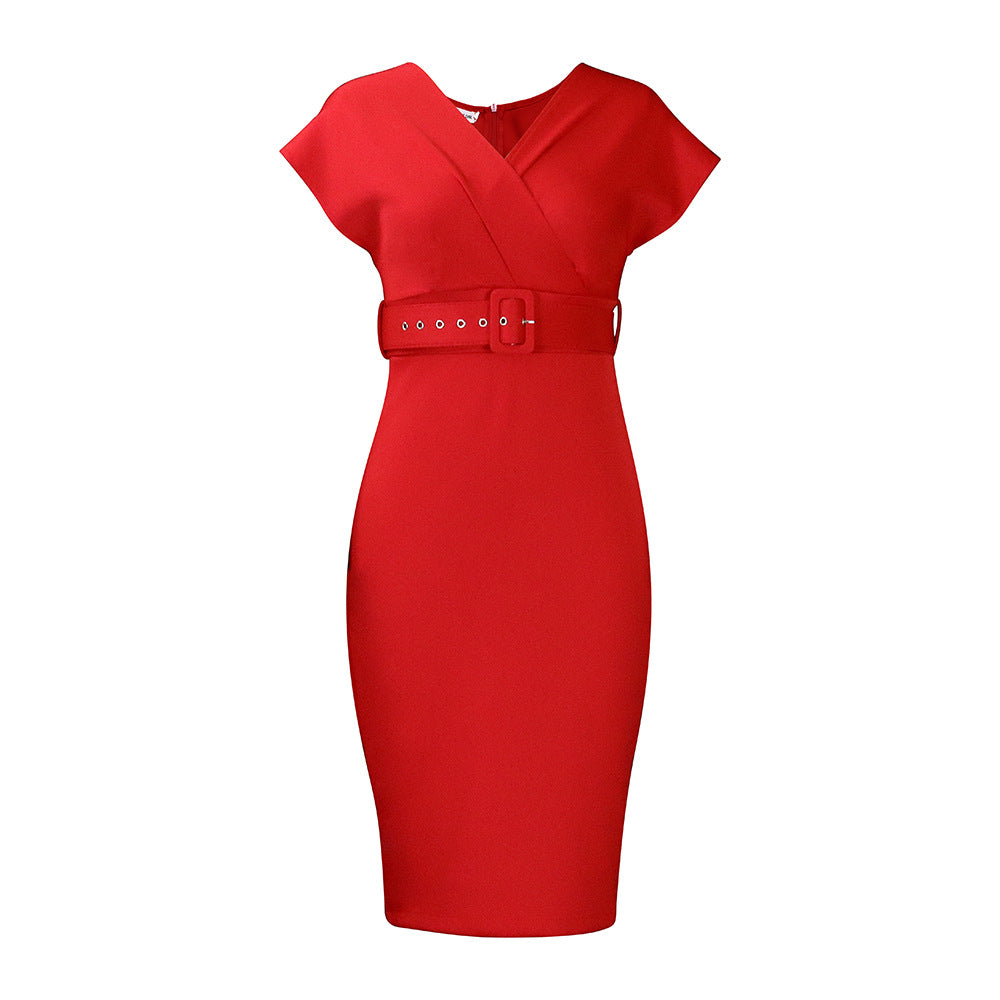 Drune | Damen V-Ausschnitt Figurbetontes Midi Kleid mit Gürtel