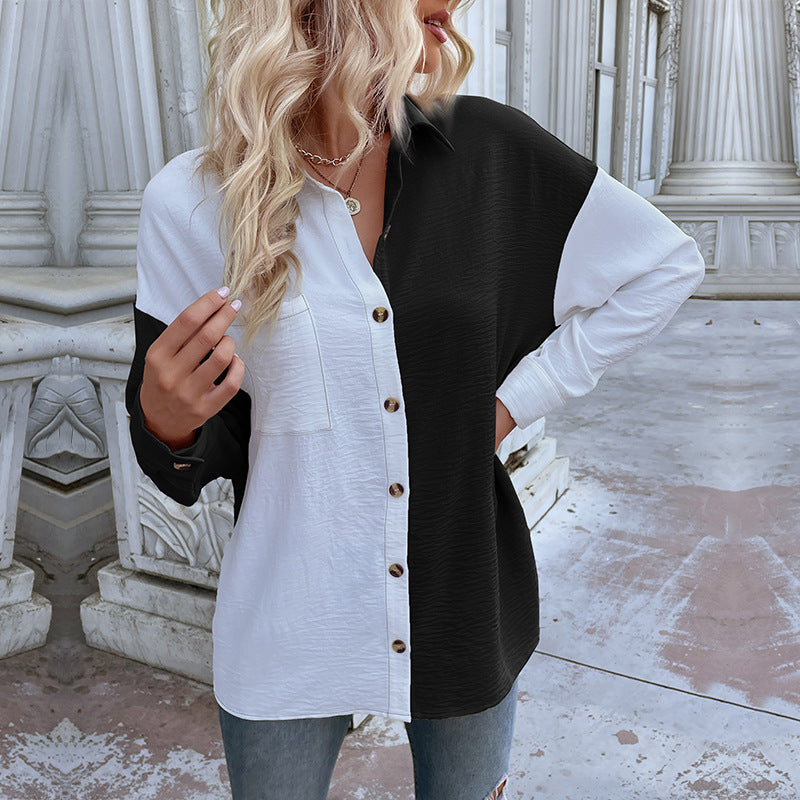 Damen oversized Blusenhemd mit zwei Farbdesigns und modischen Knopfdetails Drune