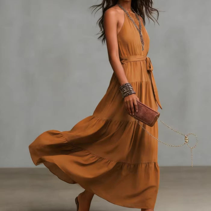 Damen Maxikleid mit tiefem Rückenausschnitt und Taillengürtel Drune