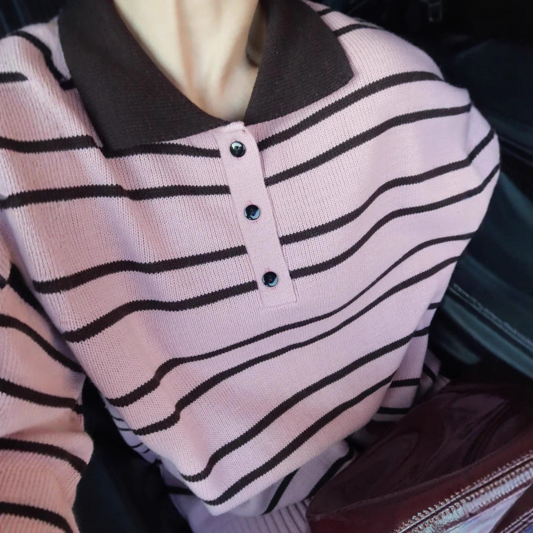 Damen lässiger gestreifter Pullover mit Polokragen Drune