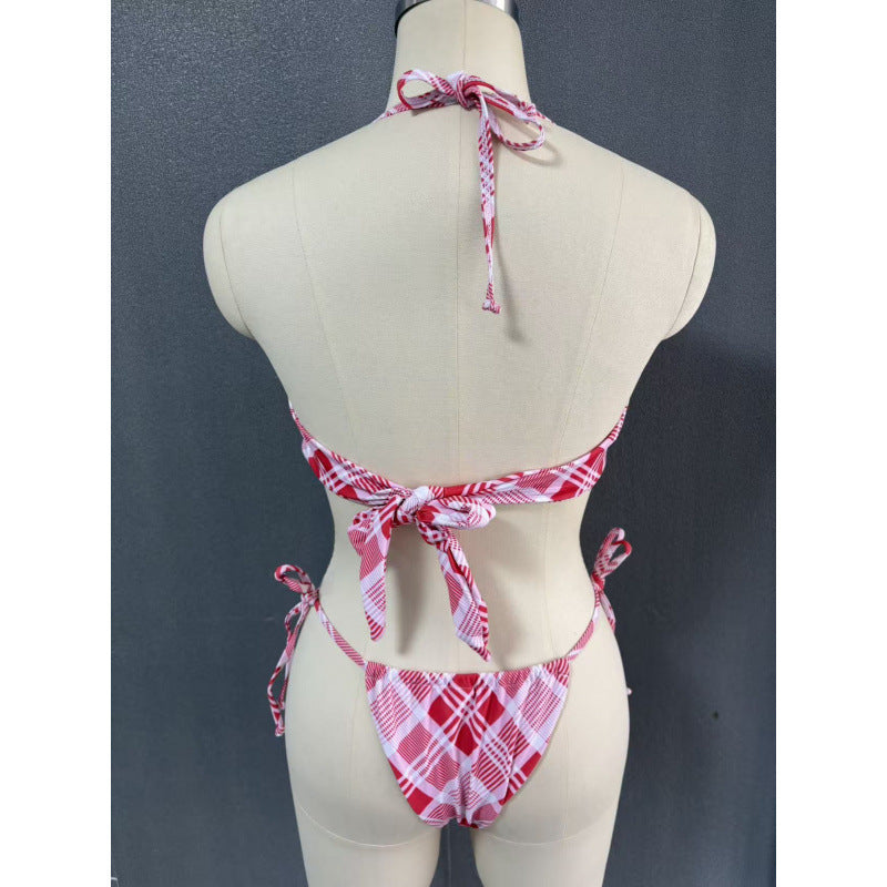 Damen Crop-Top Bikini mit asymmetrischem Schnitt und modischem Karomuster Drune