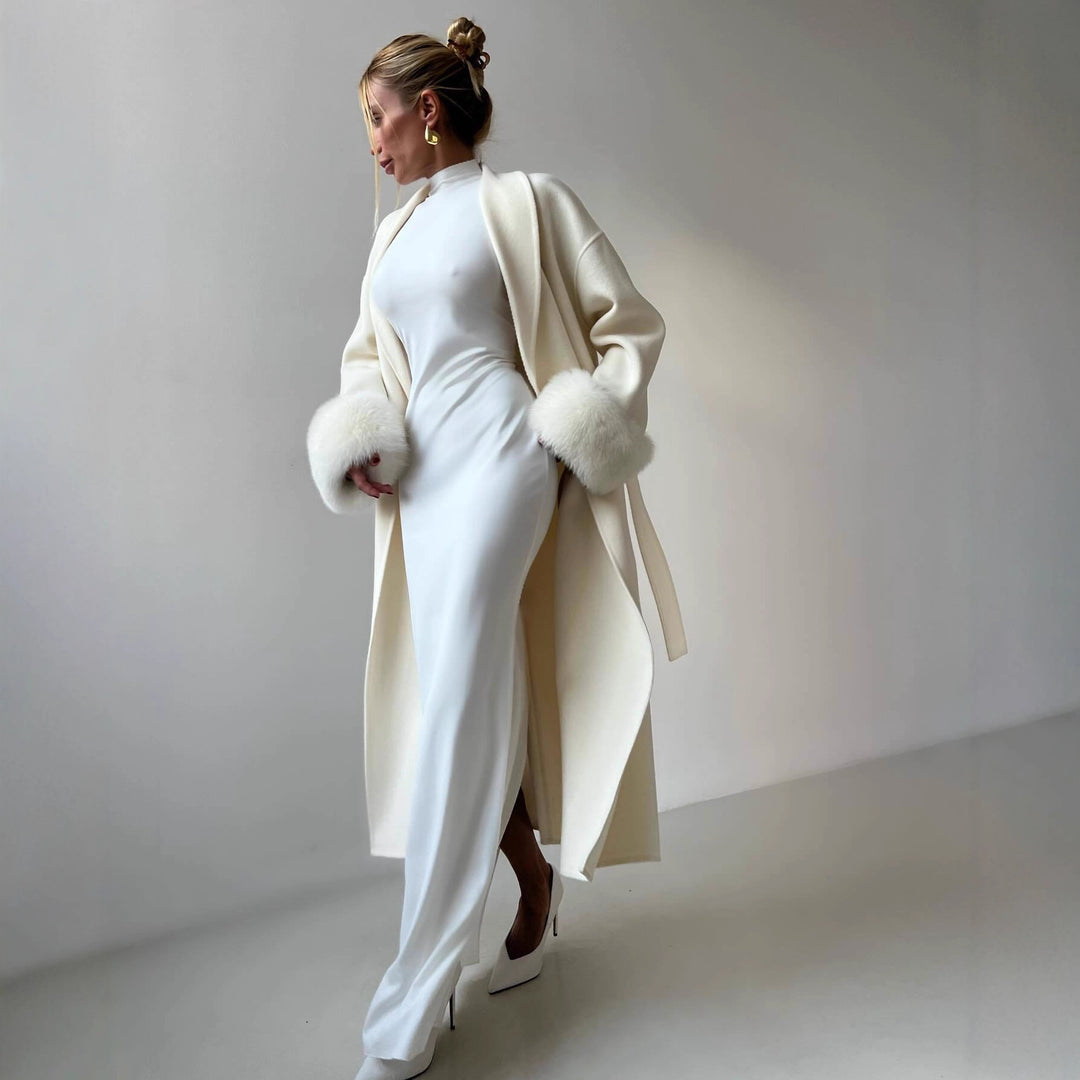 Damen Elegante Langjacke mit abnehmbaren Fuchsärmeln Drune