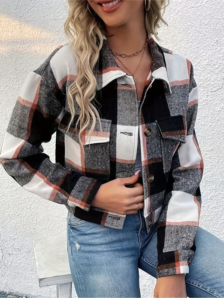 Damen Karo Crop-Jacke mit Taschen und Knopfverschluss Drune