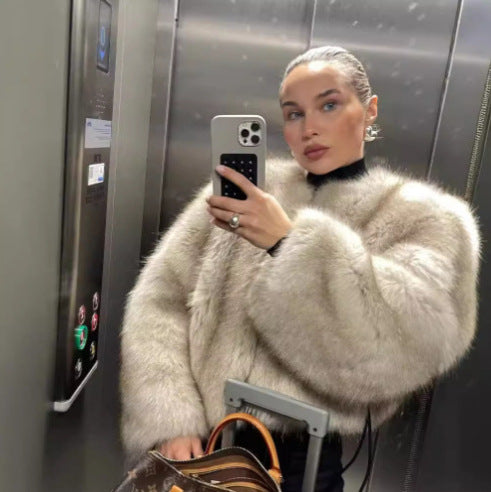 Damen extravagante Kurzarm-Felljacke mit voluminösen Ärmeln Drune