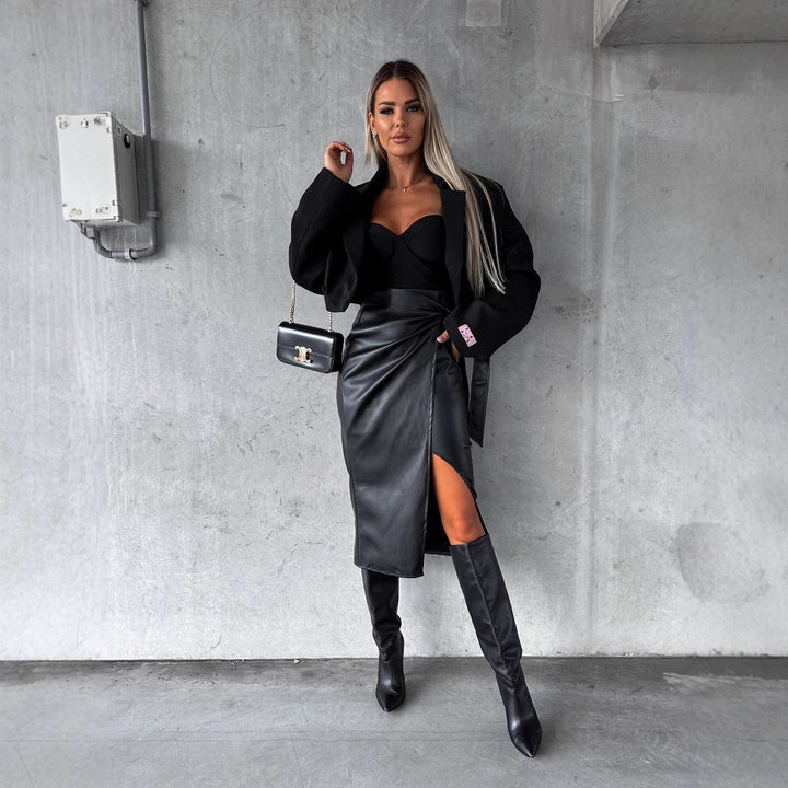 Damen Elegante Wickelrock mit hohem Schlitz Drune