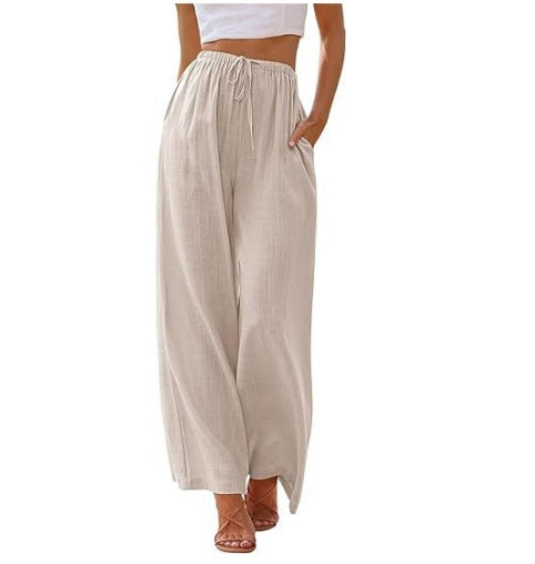 Damen nan weite Leinenhose mit elastischem Bund Kordel und Seitentaschen Drune