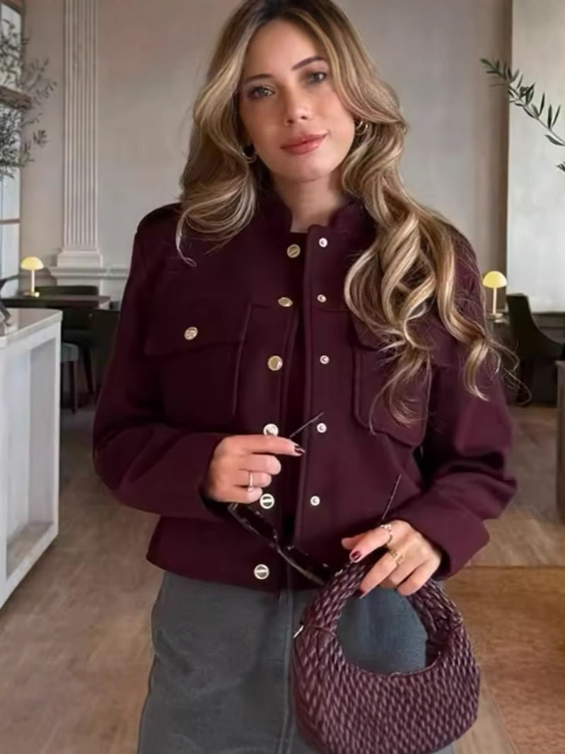 Damen kurze Militärjacke mit Taschen und dekorativen Knöpfen Drune
