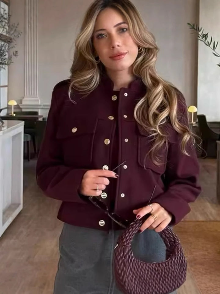 Damen kurze Militärjacke mit Taschen und dekorativen Knöpfen Drune