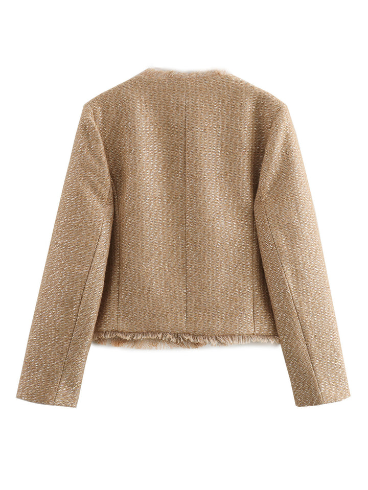 Damen elegante Tweed-Jacke mit Fransen und dekorativen Knöpfen Drune