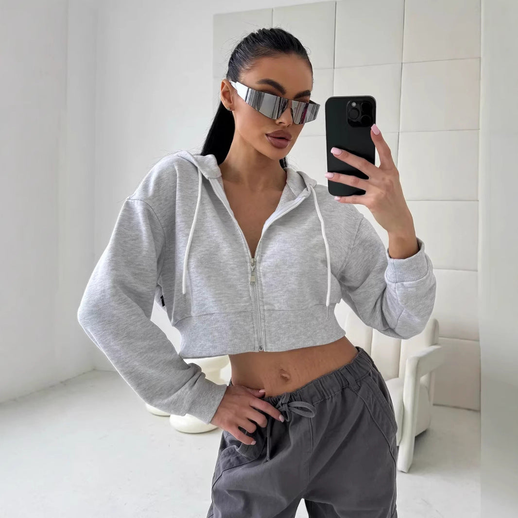 Damen Sportliches cropped Zip-Hoodie mit Kängurutasche und weiten Ärmeln Drune
