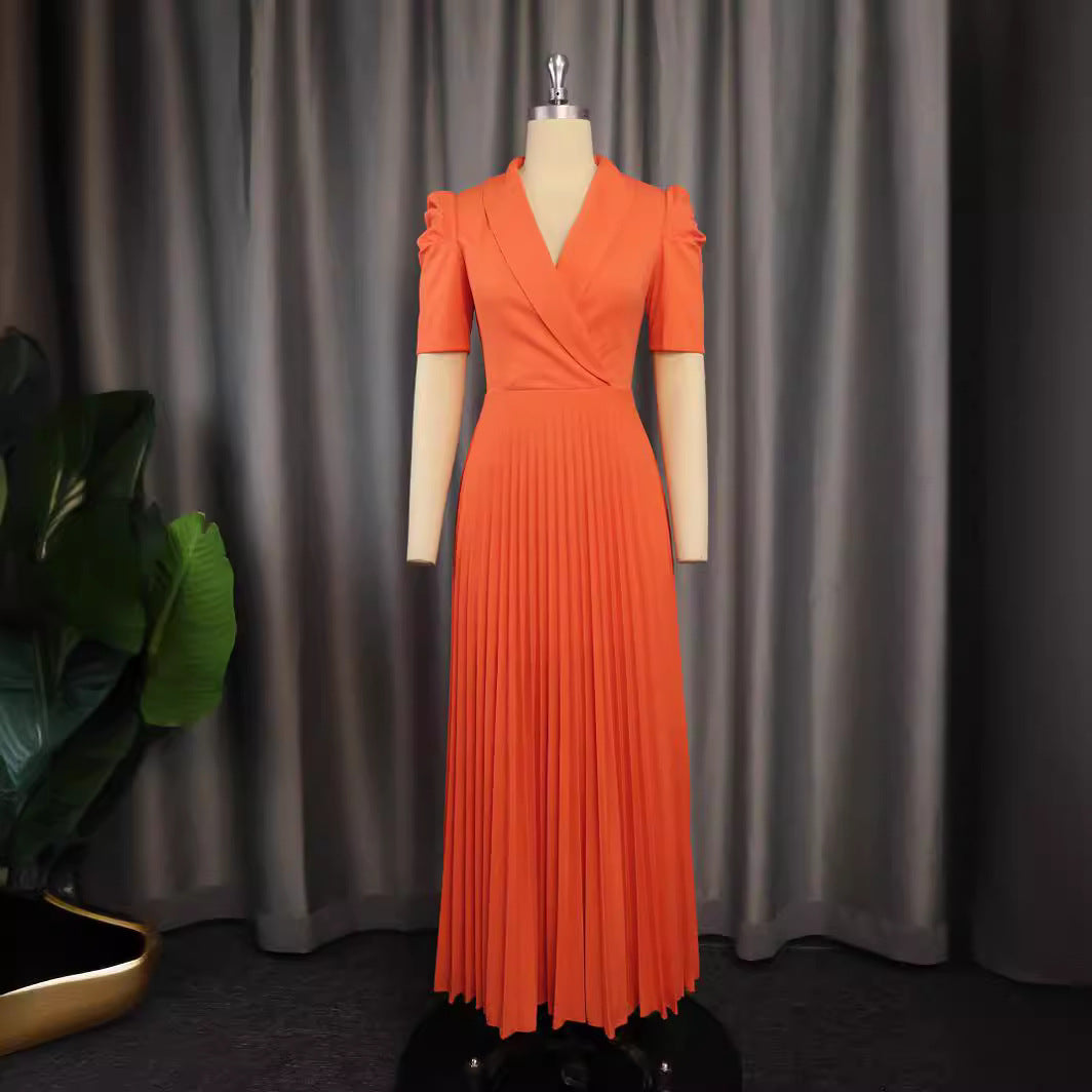 Damen elegantes Wickelkleid mit plissiertem Rock und Puffärmeln Drune