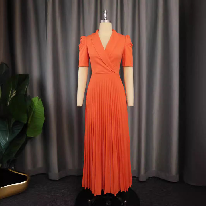 Damen elegantes Wickelkleid mit plissiertem Rock und Puffärmeln Drune