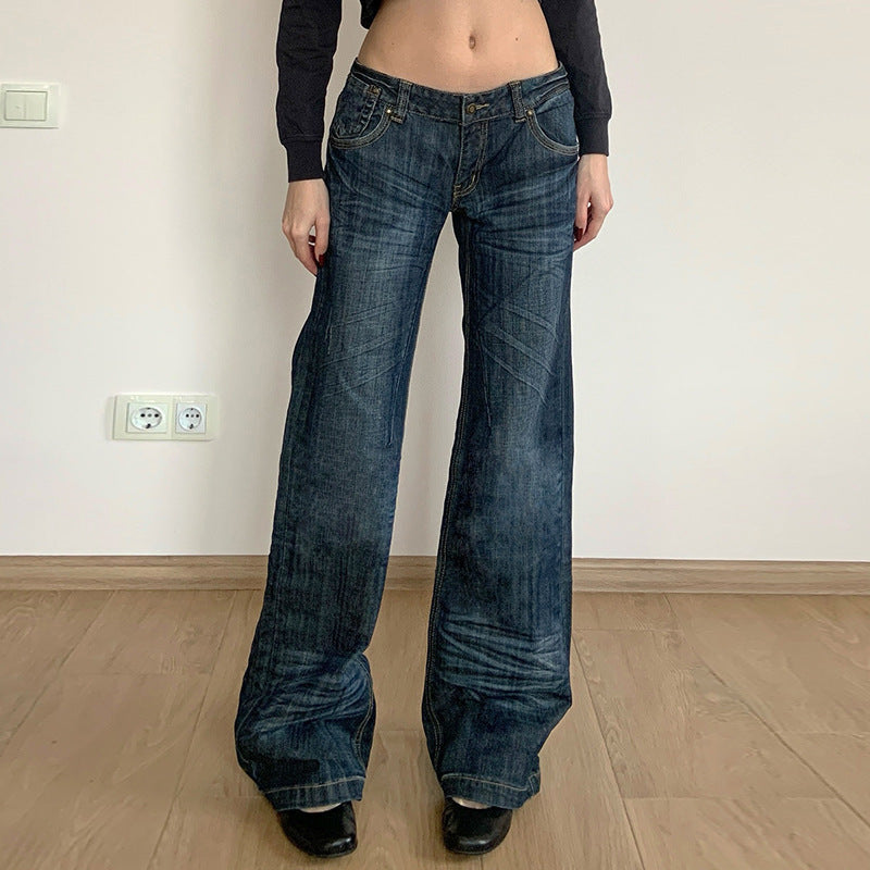 Damen Weite Jeans im Vintage-Stil mit hohem Bund und modischen Steppnähten Drune
