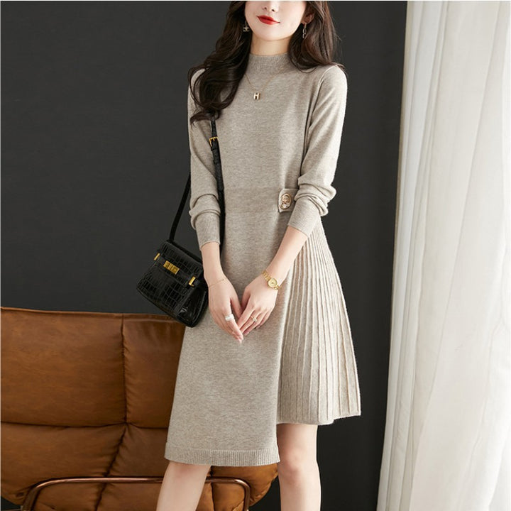 Damen elegantes Strickkleid mit Plissee und kontrastierenden Details Drune