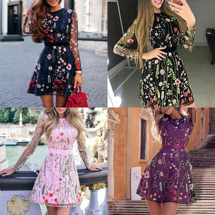 Damen Elegantes Kleid mit floraler Bestickung und transparenten Ärmeln Drune