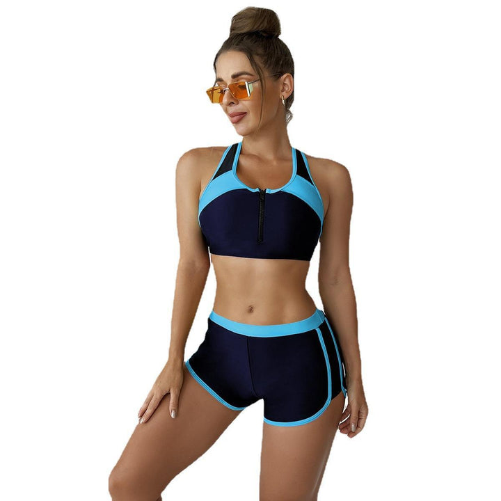 Damen Sport-Bikini-Set mit modischem Reißverschluss und kurzen Hosen Drune