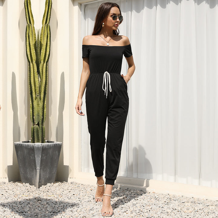 Damen eleganter Jumpsuit mit schulterfreiem Design und verstellbarem Bund Drune