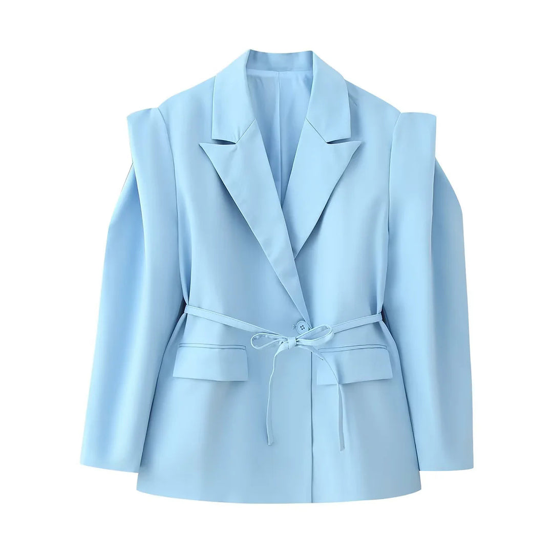 Damen elegante Oversized-Blazerjacke mit Gürtel und Schulterpolstern Drune