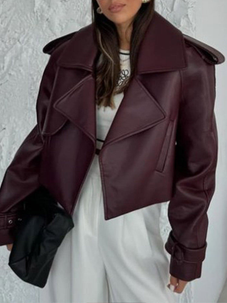 Damen modische Kunstlederjacke mit oversized Schnitt und breitem Kragen Drune