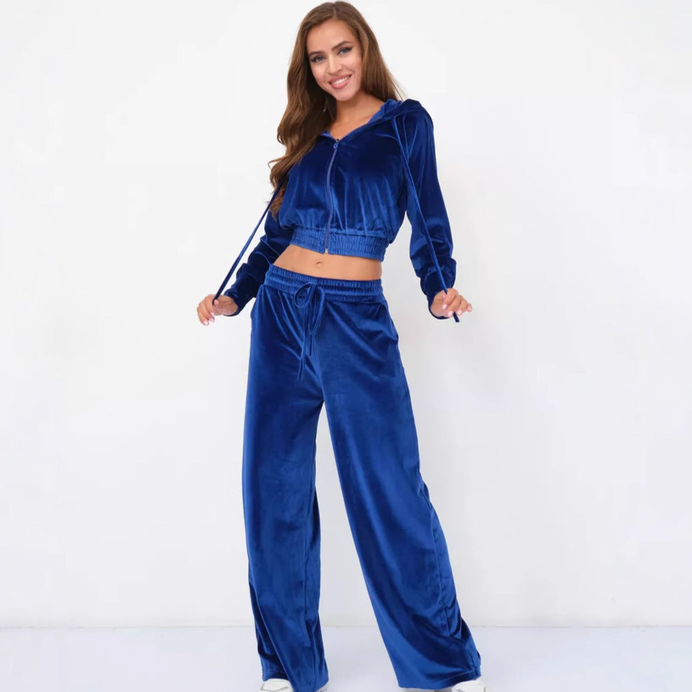 Damen Velours Freizeitanzug mit Kapuze Drune