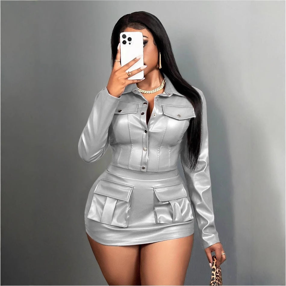 Damen Kunstleder Minikleid mit praktischen Klappentaschen Drune