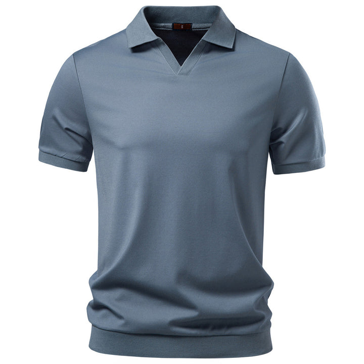 Herren nan feinstrickiges Kurzarm-Poloshirt mit offenem V-Kragen und elastischem Saum Drune