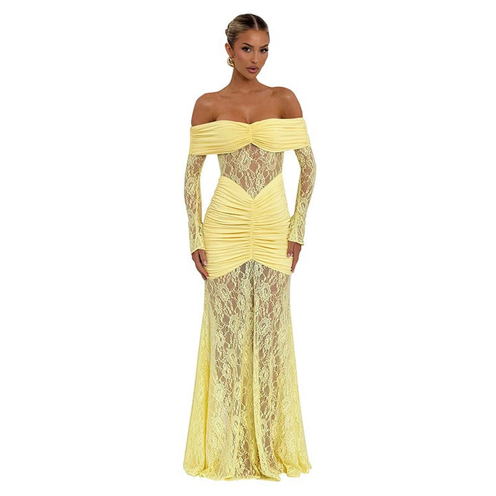 Damen Elegantes Langarm-Spitzenkleid mit Raffungen und schulterfreiem Design Drune